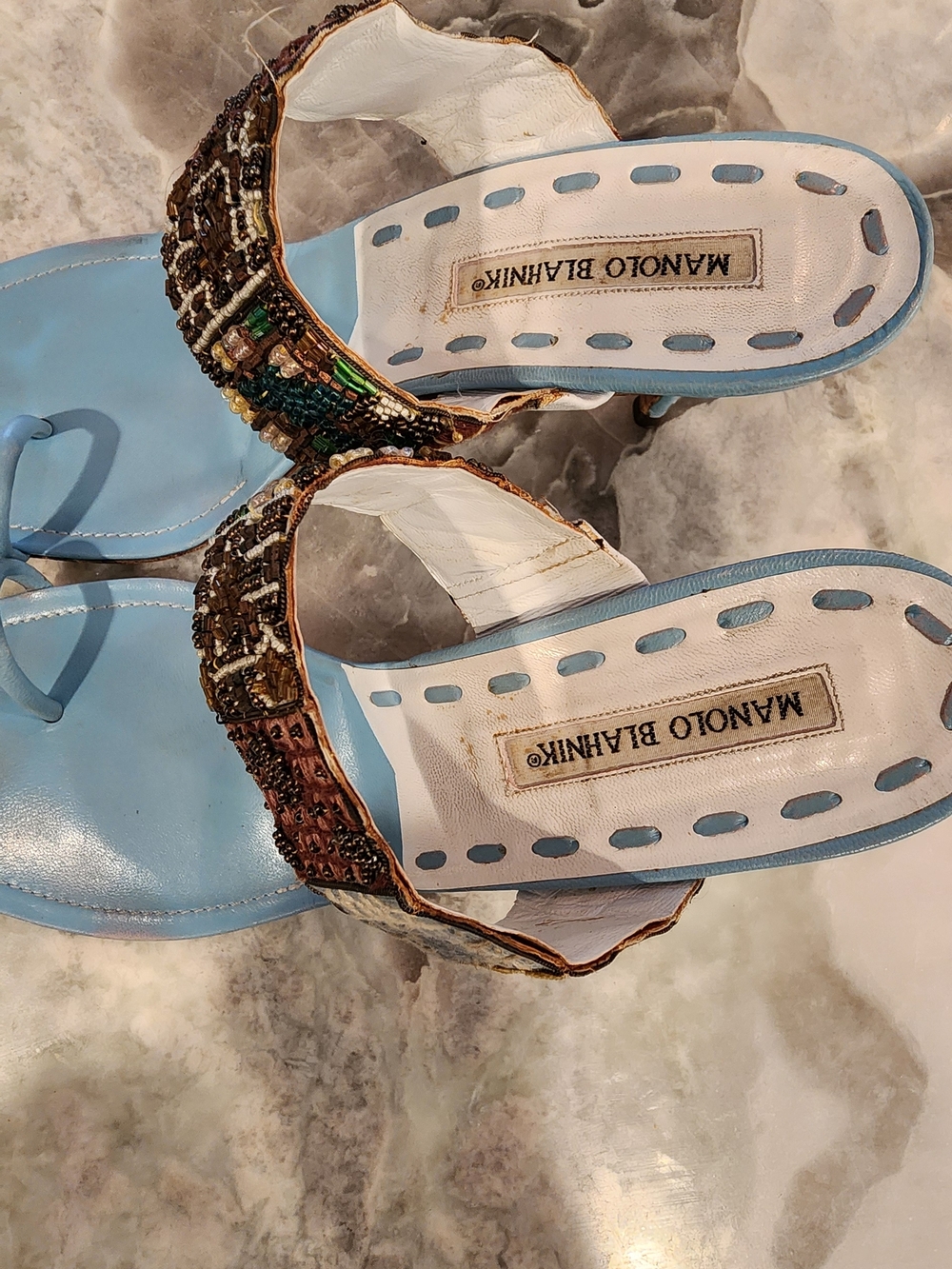 Manolo Blahnik Blue Beaded Strap Toe-Loop Sandals - Picture 5 of 13